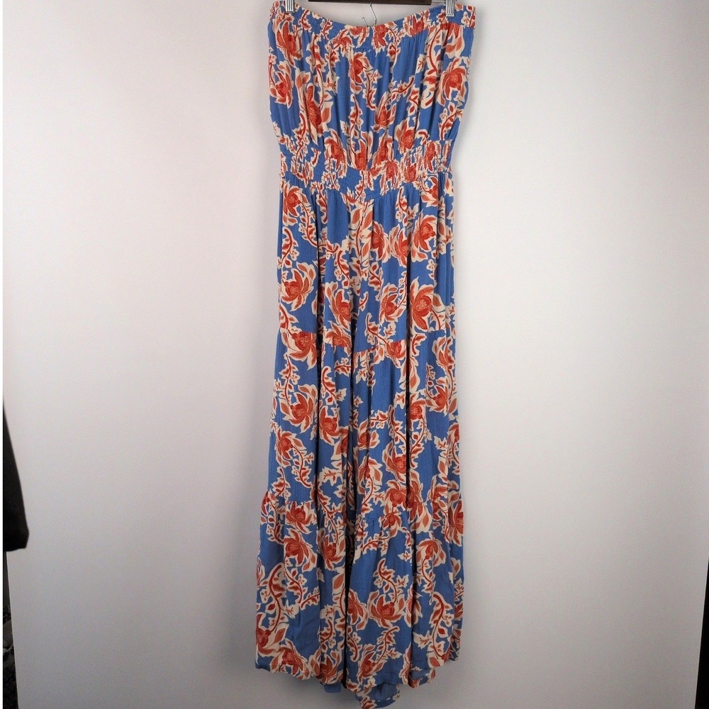 Jessica Simpson Women XL Jumpsuit Blue Floral Smocked Tiered Wide Leg Boho